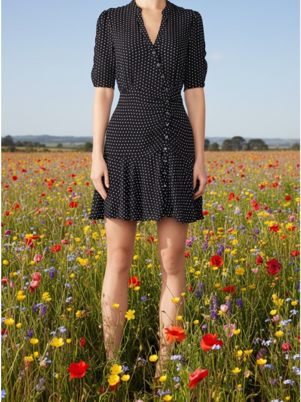 Free People Pippa Black Polka Dot Mini Dress Medium Button Front Flowy Boho - Picture 11 of 13